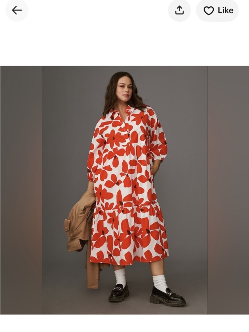 Anthropologie White Midi Dress with Bold Red Floral Print